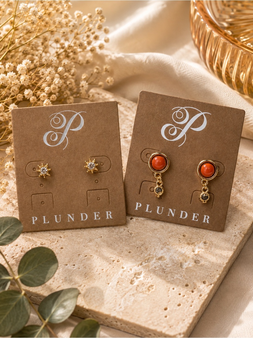 Plunder Orange Drop Earrings with Gold Star Studs